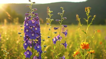 Sunlit field of purple lupines and yellow wildflowers swaying in golden hour