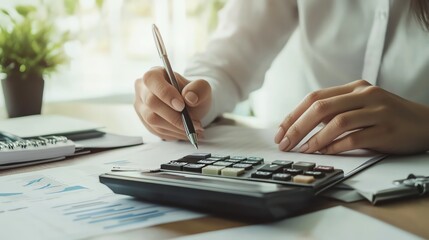 Person using calculator and writing documents