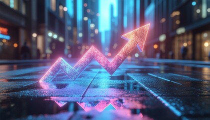 A vibrant neon-lit upward trending arrow graph reflecting on a wet city street at night, symbolizing growth and progress in a modern urban setting.