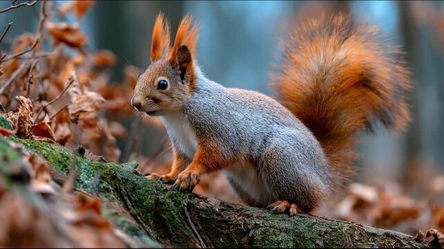 A gray squirrel balances on a mossy log among autumn leaves, tail fluffy, forest background. In sun