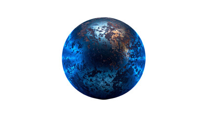 Metallic sphere with blue and orange textures, set against black