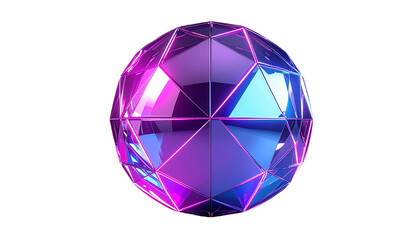 Geometric, faceted sphere with iridescent, glowing surfaces on black