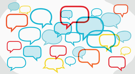Fototapeta premium Abstract background with multiple colorful and overlapping speech bubbles representing communication, dialogue, and social media.