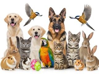 Fototapeta premium Group of various cute pets isolated on white background