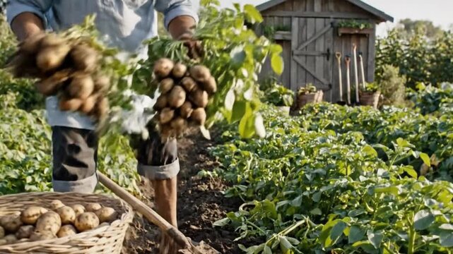 Man harvesting potatoes in lush green field with shovel