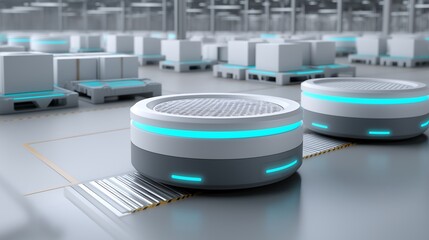 Futuristic Logistics Warehouse with Autonomous Robots and Clean Industrial Design
