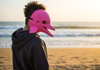 Person wearing dolphin mask on beach at sunset