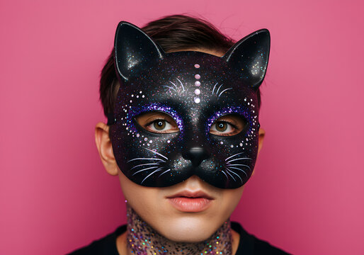 Person wearing cat mask on pink background