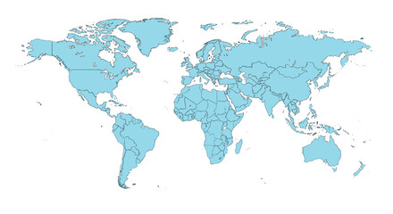 Obraz premium Simple light blue world map showing all continents and country borders, a vector illustration for geography or travel themes.