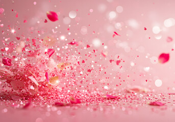 Pink rose petals and glitter background