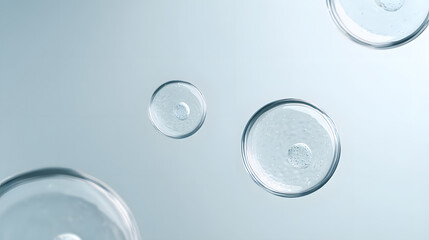 Macro shot of water drops, highlighting the beauty and simplicity of water in a serene and minimalist composition. The clear droplets are illuminated, showing subtle textures and reflections
