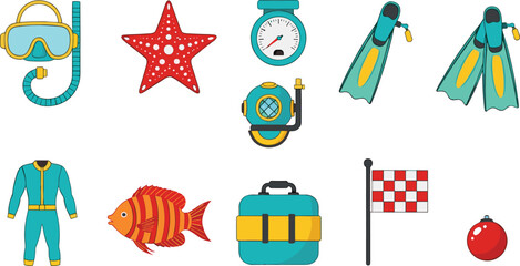 Colorful vector collection of scuba diving and snorkeling icons including a mask, snorkel, flippers, diving suit, oxygen tank, starfish, tropical fish, and marine equipment. © MstGulzan