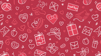 Doodle-style Valentine love icons with hearts, gifts, and letters on red background
