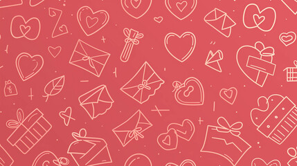 Doodle-style Valentine love icons with hearts, gifts, and letters on red background