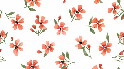 Watercolor red flowers and green leaves arranged in elegant botanical seamless pattern