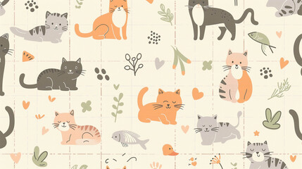 Playful hand-drawn cats and nature elements in seamless pattern on cream grid background