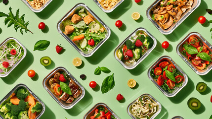Variety of fresh healthy salads in square meal prep containers arranged on green background