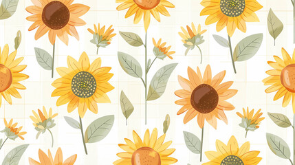 Bright sunflowers with green leaves on soft yellow checkered background in seamless pattern