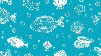Line art fish and seashells swimming across ocean blue background in marine-themed pattern