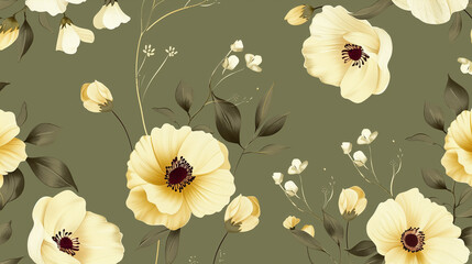 Elegant yellow and white floral pattern with leaves on olive green background in seamless layout