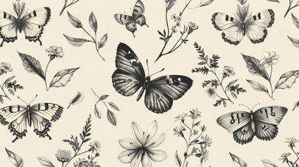 Vintage-style monochrome butterfly and botanical drawing in seamless pattern on beige background