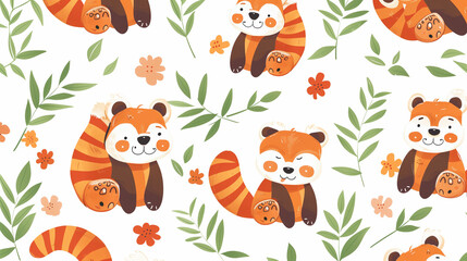 Adorable red pandas surrounded by flowers and green leaves in playful seamless cartoon pattern