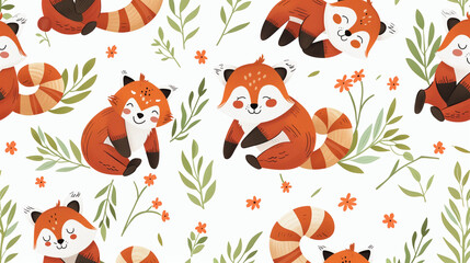 Adorable red pandas surrounded by flowers and green leaves in playful seamless cartoon pattern