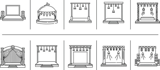 Professional event stage and lighting vector icon set featuring minimalist black and white line art of concert stages, theater platforms, truss systems, and spotlights.