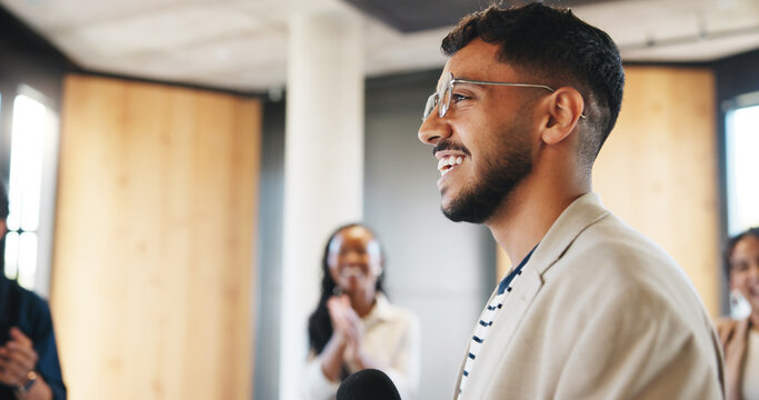 Applause, workshop or speaker in circle with mic, crowd motivation or appreciation for presenter. Corporate, group of people at seminar with tech, support or thank you clap for collaboration session.
