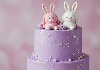 Purple cake with decorative rabbits