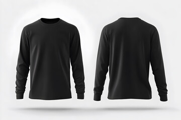 Mock up of front and back view of blank black long sleeve t shirt with an isolated white background