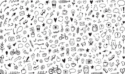 Large Collection Of Hand-Drawn Doodle Icons Featuring Arrows Hearts And Everyday Objects