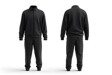 Mock up of front and back view of blank black track suit with an isolated white background