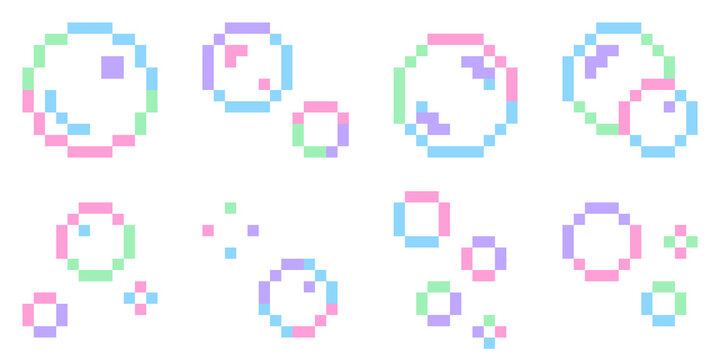 8-bit pixel art soap bubble icon set