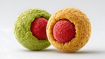 two colorful gourmet choux pastry, a close-up of two exquisite pastries, one is green and another one is yellow and the two are full of red cream