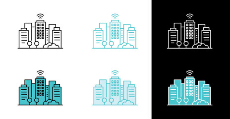 Smart city skyline with wireless signal icon for digital connectivity in line and fill style
