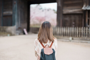 Fototapeta premium Woman tourist sightseeing Hirosaki Castle with Sakura Cherry Blossom in Spring, happy traveler travel in Hirosaki city, Aomori, Tohoku, Japan. Landmark famous in Japan. Travel and Vacation destination