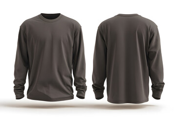 Mock up of front and back view of blank brown long sleeve t shirt with an isolated white background