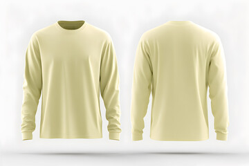 Mock up of front and back view of blank yellow long sleeve t shirt with an isolated white background