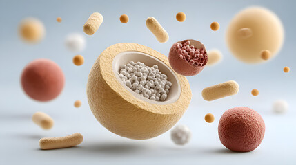 A detailed scientific illustration of various pills, capsules and spheres, showcasing the core structures and internal components