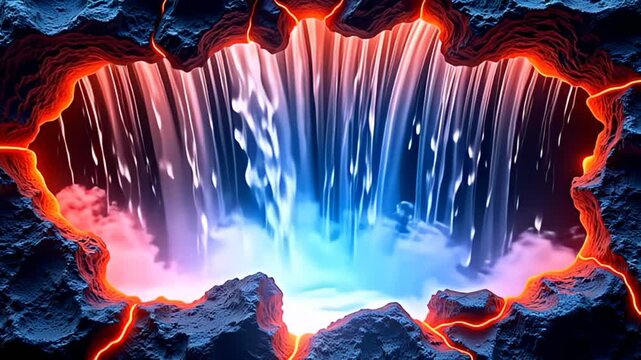 In a stunning visual contrast, the Volcanic rock Border Frame cracked with red lava glow is enveloped by a cascade of shimmering silver and sapphire light that flows gracefully,