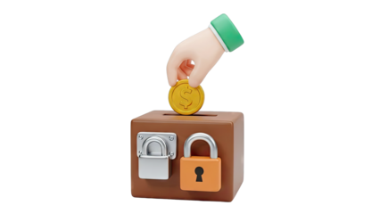 3D Illustration of a Hand Depositing a Coin into a Locked Box