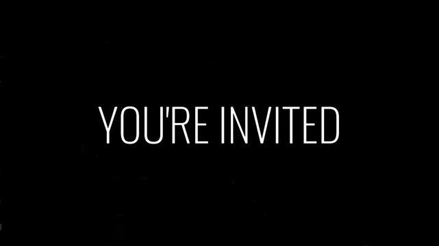 An elegant and formal invitation is presented on a dark background with the words 'YOU'RE INVITED' displayed in a clean white font, signaling an upcoming event or occasion