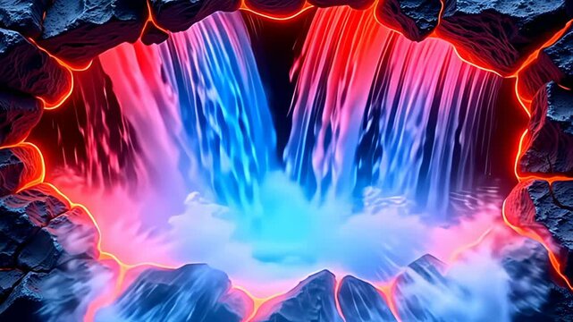 The striking Volcanic rock Border Frame cracked with red lava glow stands proudly while torrents of sapphire and ruby light cascade downwards, their vibrant motion offers a dynamic