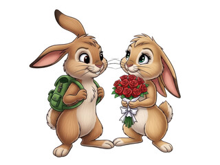 Two bunnies exchanging gifts