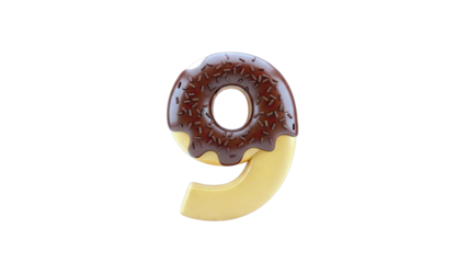 Number 9 shaped donut with chocolate icing and sprinkles