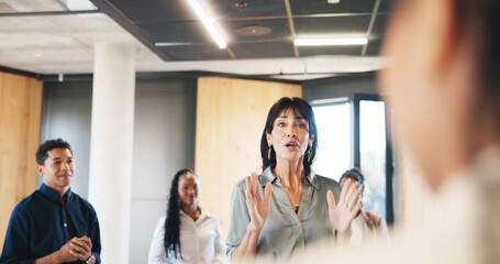 Discussion, workshop or corporate trainer with staff in circle, ice breaker activity or explanation. Skill development, employees or woman talk at business expo, professional support or team building