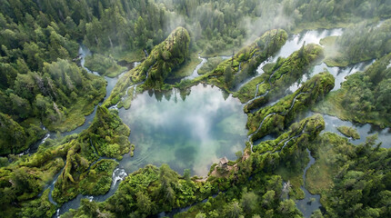 Conceptual aerial view of a vast green forest landscape with a giant hand shape made of earth and trees holding a crystal clear blue lake to represent environmental protection