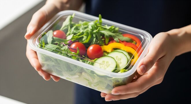 Person holding a reusable plastic container filled with fresh mixed salad ingredients for lunch.