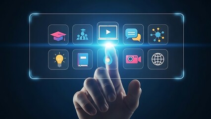 Hand selecting digital technology icons on futuristic holographic interface